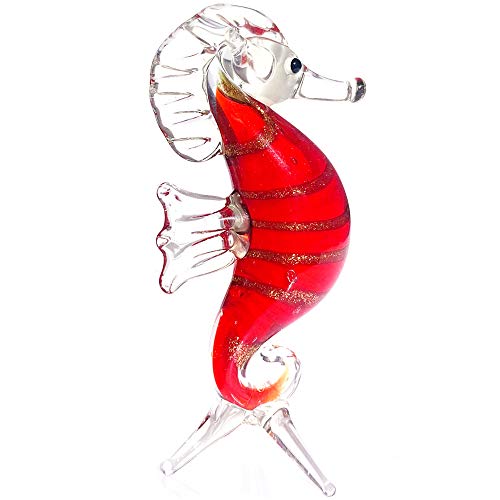 JingShiY Colorful Crystal Glass Hippocampus Animal Figurines Glass Seahorse Miniature Hand Blown Modern Craft Home Decor Kids Present (Red)