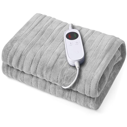 JinJeeo Heated Throw Blanket 50"x60",Electric Blanket Light Grey Flannel Blanket Fast Heating Blanket,6 Heat Settings 9 Hour Auto Shut Off,Home Office Use Machine Washable