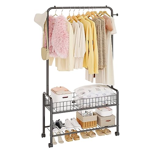 JIUYOTREE Rolling Clothes Rack with Storage Basket