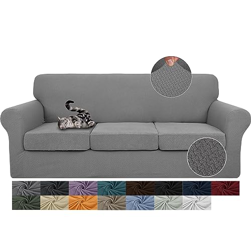 JIVINER Newest 4 Pieces Couch Covers for 3 Cushion Couch Stretch Sofa Slipcover with 3 Seat Cushion Covers Thick Fitted Sofa Couch Cover for Dogs Furniture Protector (Light Gray), 71'-91'(3 Cushions)
