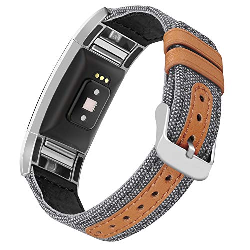 Jobese Fitbit Charge 2 Bands - Gray Canvas with Genuine Leather