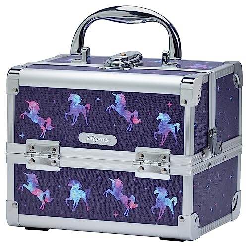 Joligrace Makeup Case for Girls Cosmetic Train Case Makeup Storage Box Jewelry Organizer Hair Accessories Lockable with Trays & Mirror Kids Gift Unicorn