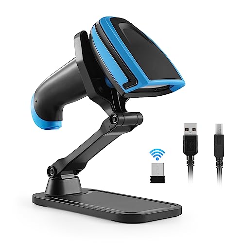 JRHC Barcode Scanner Wireless with Stand, 1D Laser Bar Code Reader 2.4G Wireless & USB Wired Connection Handheld Laser Barcode Scan with Holder (2.4Ghz wirless, 1D) Blue