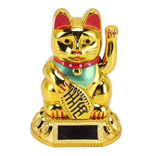 JTLB Chinese Lucky Cat Decoration Waving Arm Solar Light Induction Statue Figurine for Home Car Ornaments (Golden)