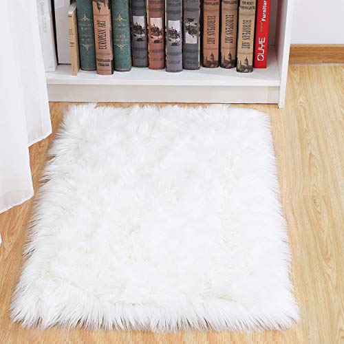 junovo Luxury Fluffy Area Rugs Furry Rug for Bedroom Faux Fur Sheepskin Nursery Rugs Fur Carpet for Kids Room Living Room Home Decor Floor Mat, Rectangle 2ft x 3ft White