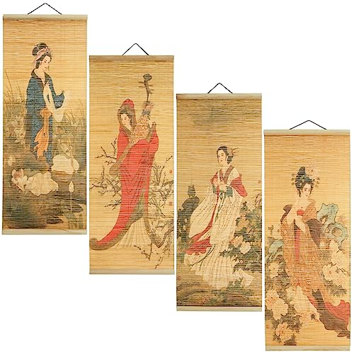 Juvale Asian Wall Decor, 4 Pack Hanging Bamboo Scrolls, Chinese Paintings (10x26 in)