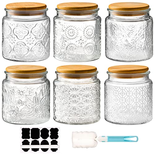 KAMJUNTAR 6 PACK Vintage Glass Jar Canister Airtight Storage Jar Container with Bamboo Wooden Lid for Kitchen Counter Glass Containers With Lids 17oz
