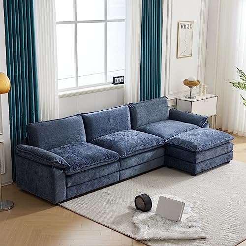 Karl home Sectional Sofa Modern Deep 3-Seat Sofa Couch with Ottoman, Chenille Sofa Sleeper Comfy Upholstered Furniture for Living Room, Apartment, Studio, Office, Dusty-Blue