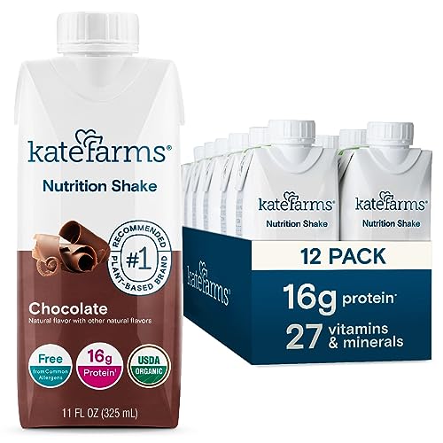 KATE FARMS Organic Vegan Plant Based Nutrition Shake, Chocolate, 16g of protein, 27 Vitamins and Minerals, Meal Replacement Drinks, Protein Shake, Gluten Free, Non-GMO, 11 Fl oz (Pack of 12)