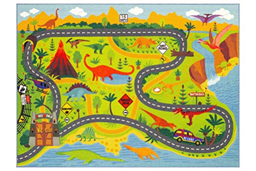 KC Cubs Playtime Collection Dinosaur Dino Safari Road Map Educational Learning & Game Area Rug Carpet for Kids and Children Bedrooms and Playroom (3'3" x 4'7")