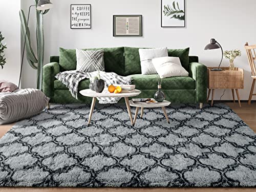 Keeko Fluffy Rugs, 6x9ft Large Fuzzy Area Rug for Living Room, Modern Geometric Plush Carpets for Bedroom, Soft Kid's Room Shaggy Rug, Nursery Room Decor Rug, Grey and Black