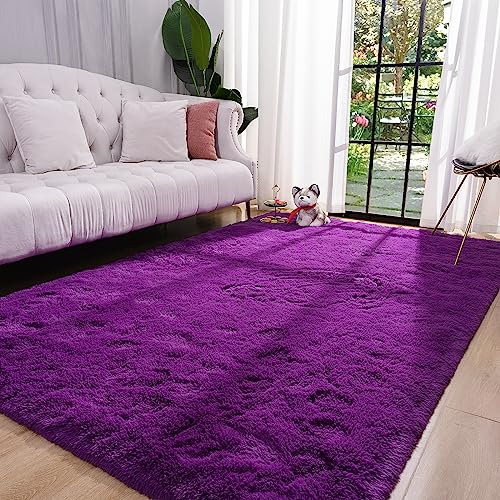 Keeko Premium Fluffy Dark Purple Area Rug, 3X5ft Cute Shag Carpet, Extra Soft and High Pile, Indoor Fuzzy Rugs for Bedroom Girls Kids Living Room Home Decor