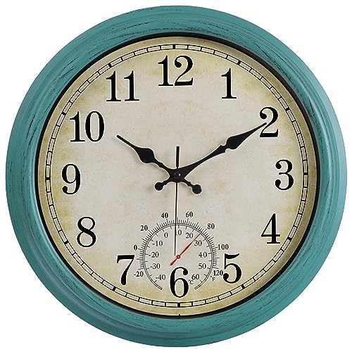 Keureedg 16 Inch Large Outdoor Clock, Waterproof Wall Clock with Thermometer