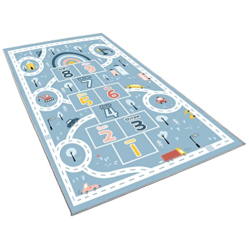 Kids Rug Play Mat, Car Rug, Hopscotch Rug, Hopscotch Mat for Kids, Can Be Used to Play with Cars Kids Carpet Play Mat (Blue, 80×120cm/32×47IN)