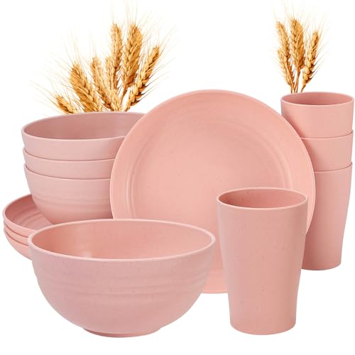 Kids Wheat Straw Dinnerware Sets, Wheat Straw Plates and Bowls Set for 4 Microwave Safe (Pink)
