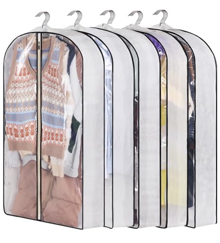 KIMBORA 40" Garment Bags for Hanging Clothes Storage with 4" Gussetes Clear Suit Bags for Closet Storage Coat Cover for Sweaters Shirts, Jackets, (5 Packs,White)