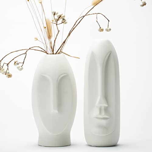 Kimisty Face Vase Set 2, White Modern Vase, Ceramic Statue Human Face Vase Decor, Sculpture Decor, Fire Place Decoration, Mid Century Modern 2 Pack Vase Set