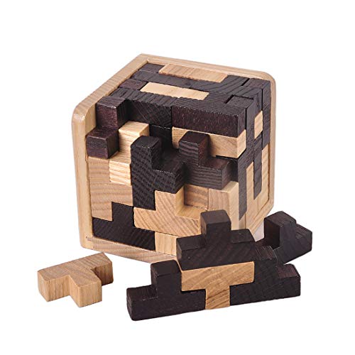 KINGOU Wooden Brain Puzzle Cube 3D Brain Teaser Puzzles 54 Pieces T-Shaped Blocks Builder Creative Educational Toy for Kids and Adults Desk Puzzles for Gift