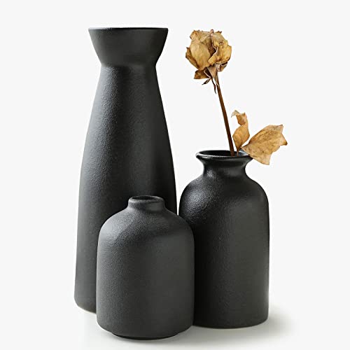 KIOXOHO Black Ceramic Vase Set-3: Modern Rustic Farmhouse Home Decor
