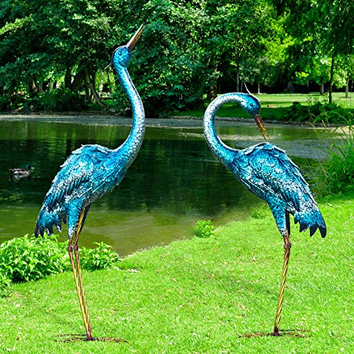 Kircust Garden Sculpture & Statues, Blue Heron Lawn Ornaments Standing Metal Crane Yard Art Large Size Bird Decoy for Outdoor Lawn Backyard Porch Patio Decoration, Set of 2
