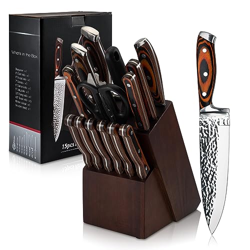 Kitchen Knife Sets with Block, 15-Piece High Carbon Stainless Steel Knife Block Set with Sharpener, Ultra-Sharp kitchen knives with Triple Rivet Wood Handle Perfect for Cooking Cut
