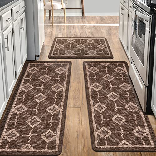Kitchen rugs Sets 3 PCS Non Slip kitchen mats for floor,Super Absorbent kitchen runner rug,Washable kitchen mats for Kitchen,Bathroom,Floor,Office,Sink(Brown,19.7"x47.2"+19.7"x31.5"+19.7" x 59")