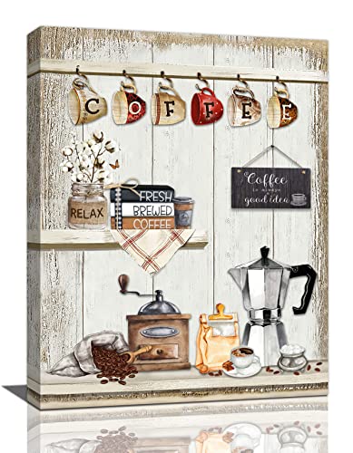 Kitchen Wall Art Farmhouse Coffee Bar Sign Wall Decor Rustic Coffee Station Theme Canvas Pictures Painting Framed Artwork for Cafe Shop Dining Room Ready to Hang 12"x16"