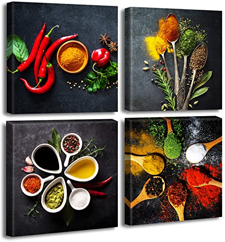 Kitchen Wall Decor Colorful Spices Seasoning Spoon Canvas Wall Art Vintage Painting Picture for Modern Home Dining Room Contemporary Artwork Decoration Stretched and Framed Ready to Hang 12"X12"X4