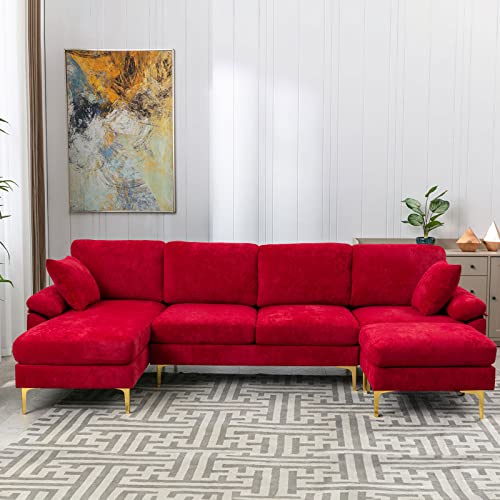 KIVENJAJA U-Shaped Sectional Sofa Couch, Modern Convertible L-Shaped Velvet Couch Set with Reversible Chaise Lounge, Ottoman and Pillows for Living Room, 114 inches (Red)