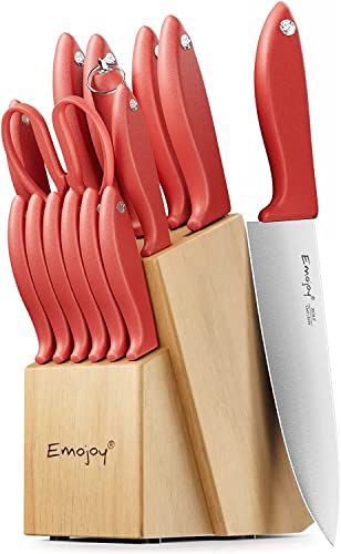 Emojoy 15 PCS Kitchen Knife Set with Wooden Block and Sharpener, Chef Knife  Set with Built-In Sharpener, German Stainless Steel Hollow Handle knives  Grey 