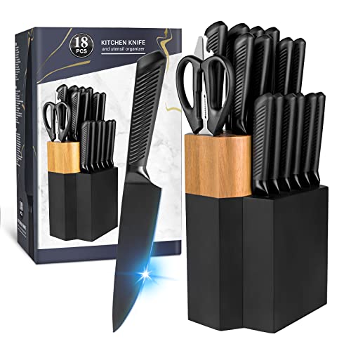 Knife Set,18 Pieces Kitchen Knife Set with Wooden Block,High Carbon German Stainless Steel Knife Block Set,Ultra Sharp, Full-Tang Design with Black Coating