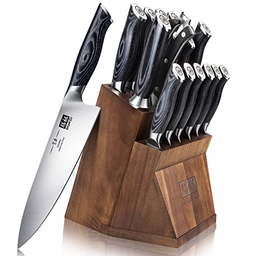 MOSFiATA Kitchen Knife Set, 17 Pieces Japan Stainless Steel Knife Sets for  Kitchen with Block with Knife Sharpening Rod,Chefs,Santoku