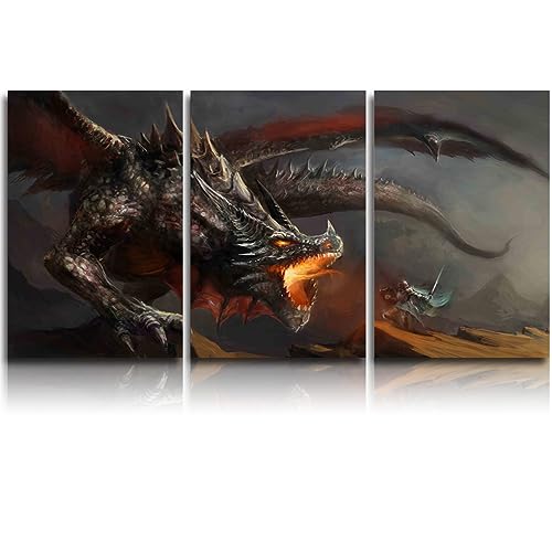 Knight Fighting the Fire Dragon Canvas Wall Art