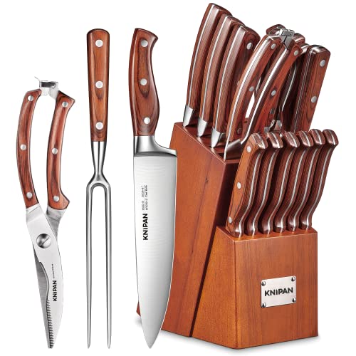 Knipan Kitchen Knife Sets with Block, 16PCS Professional Stainless Steel Forged Chef Knife Block Set, Ultra Sharp Knives with Wood Handle, Brown
