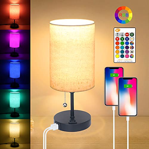 KOLLNIUN Color Changing Bedside Lamp with USB Ports and Outlet