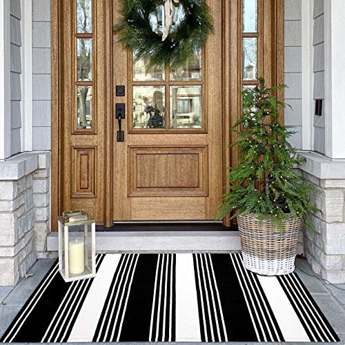 KOZYFLY Black and White Striped Rug