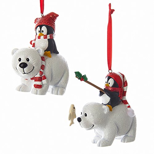 Kurt Adler Polar Bear with Penguin Christmas Ornaments 2 Assorted