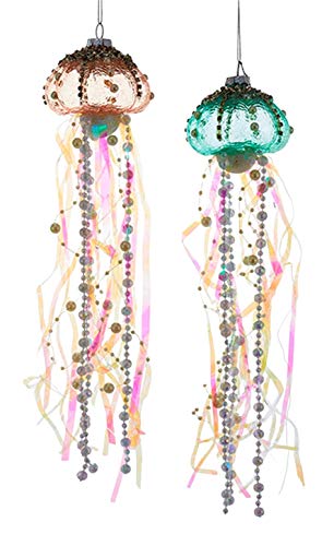 Kurt S. Adler Beach Nautical Themed Glass Ornaments (Set of 2 Jellyfish Glass Ornaments Blue-Green Pink TD1484)
