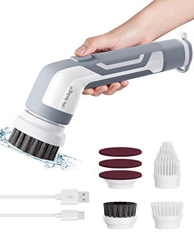 LABIGO Electric Spin Scrubber, Power Scrubber for Bathroom Car Tile Grill tub,Electric Cleaning Brushes with 4 Replaceable Brush Heads,2 Adjustable Speeds (Grey)