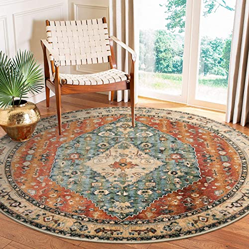 Lahome Boho Tribal Round Rug 6ft - Large Washable Dining Room Round Area Rug