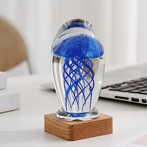 LANHIAM Jellyfish Crystal Statue with Wooden Base, Creative Clear Sculpture with Lights, Modern Home Decor for Living Room Bedroom Shelf Table, as Gifts for Ocean Lovers (with Lights, Blue)