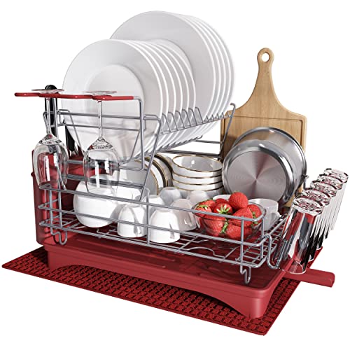 MAJALiS Red Dish Drying Rack Drainboard Set, 2 Tier Stainless