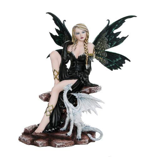 Large Fantasy Fairy with Black Dragon Figurine