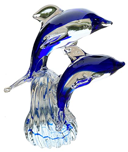 Large Glass Dolphins Jumping on Wave Sculpture