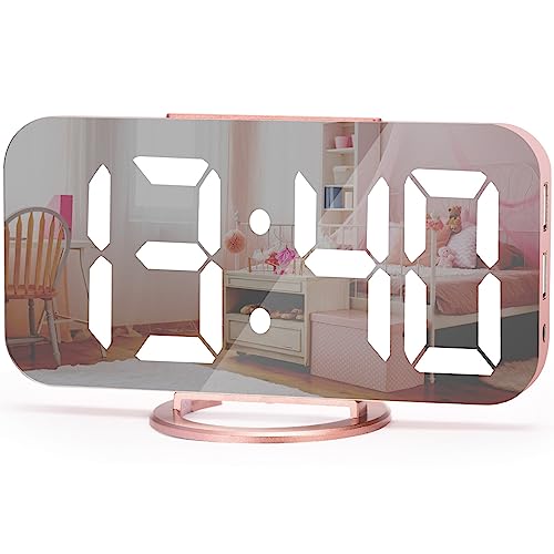 Large Mirrored LED Clock with Dual USB Charger Ports