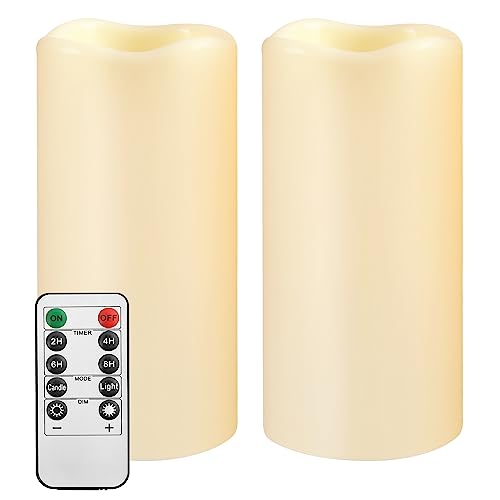 Large Waterpoof Flameless Remote Control Candles 2PACK(D3''*H5.5'')Battery Operated Flickering LED Pillar Candle,plastic with 10-Key 24Hours Timer for Outdoor/Indoor Party Garden Lanterns Porch Ivory