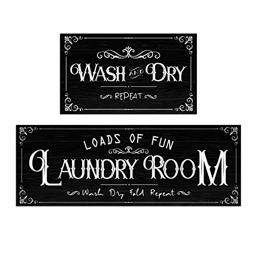 Laundry Room Rug Set of 2, Non Slip Laundry Mat for Laundry Room Decor Washable Area Rugs for Bathroom, Washroom, Kitchen, 17"x28"+17"x47", Black
