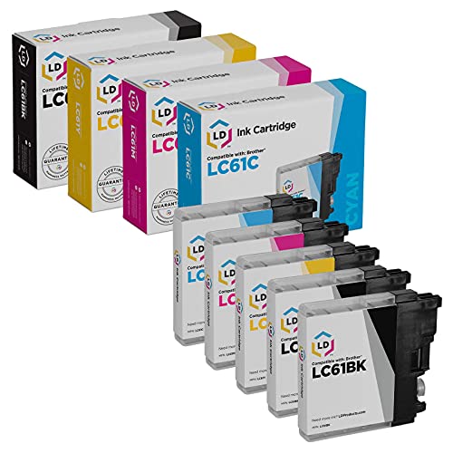 LD Compatible Ink Cartridge Replacement for Brother LC61 Series (2 Black, 1 Cyan, 1 Magenta, 1 Yellow, 5-Pack)