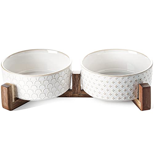LE TAUCI Ceramic Dog Bowl Set with Acacia Wood Stand