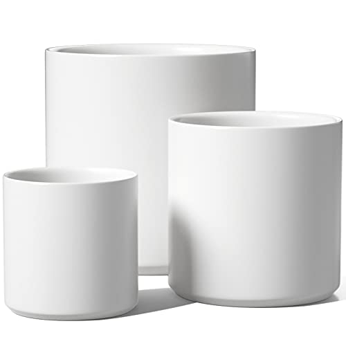 LE TAUCI Large Plant Pots Set, 10/8/6 Inch Ceramic Planters for Indoor Plants, Mid-Century Modern Flower Planter Pots with Drainage Hole and Plug, Cylinder Round Planter Pots, Set of 3, White